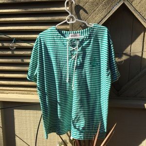 Green and white stripped tee shirt with ties